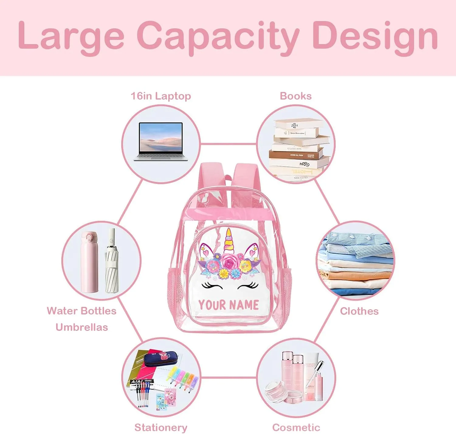 Personalized Clear Backpacks with Name, Custom Unicorn Clear Backpack for Women Men, with Reinforced Strap & Large Capacity PVC Transparent Waterproof Backpacks for Travel Camping Work