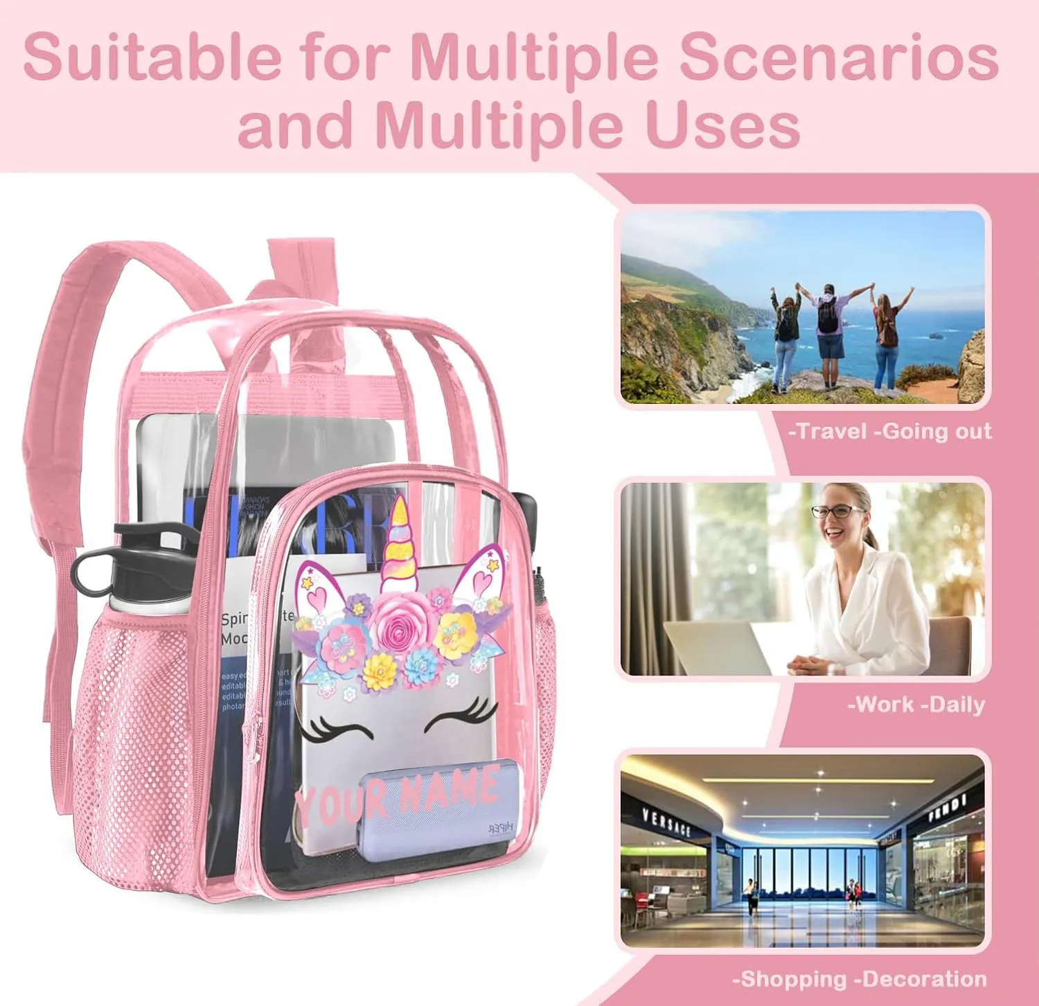 Personalized Clear Backpacks with Name, Custom Unicorn Clear Backpack for Women Men, with Reinforced Strap & Large Capacity PVC Transparent Waterproof Backpacks for Travel Camping Work