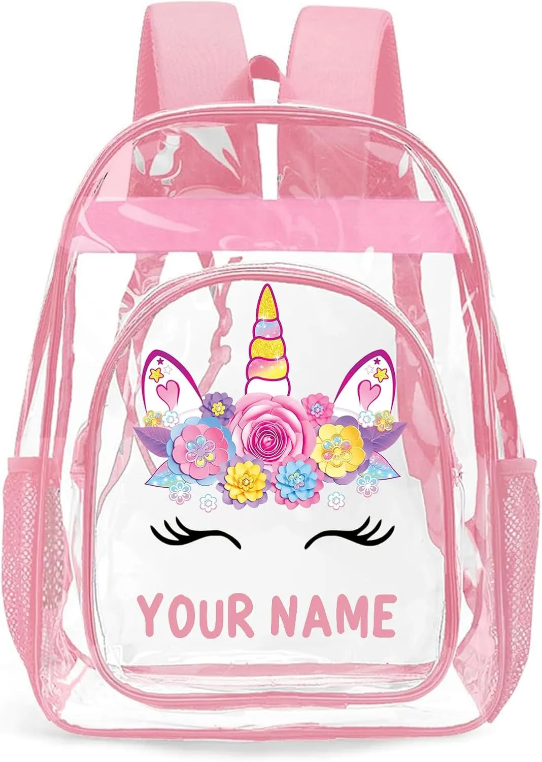 Personalized Clear Backpacks with Name, Custom Unicorn Clear Backpack for Women Men, with Reinforced Strap & Large Capacity PVC Transparent Waterproof Backpacks for Travel Camping Work