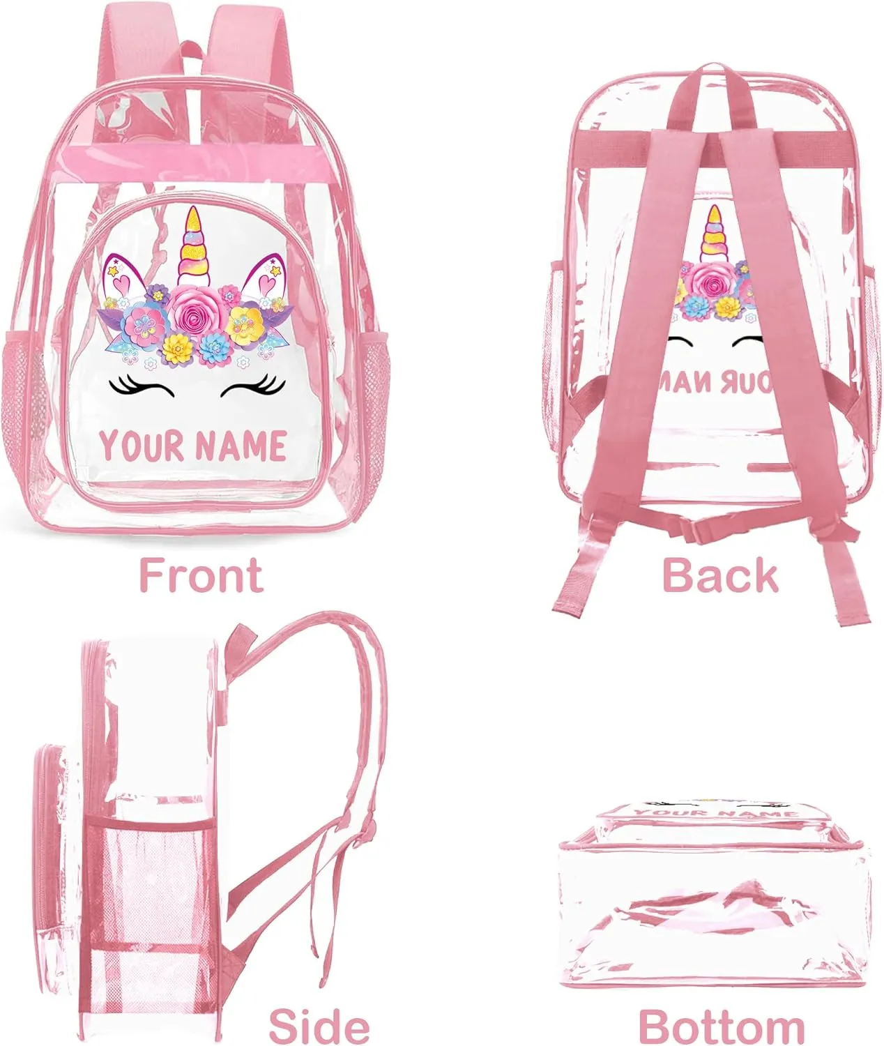 Personalized Clear Backpacks with Name, Custom Unicorn Clear Backpack for Women Men, with Reinforced Strap & Large Capacity PVC Transparent Waterproof Backpacks for Travel Camping Work