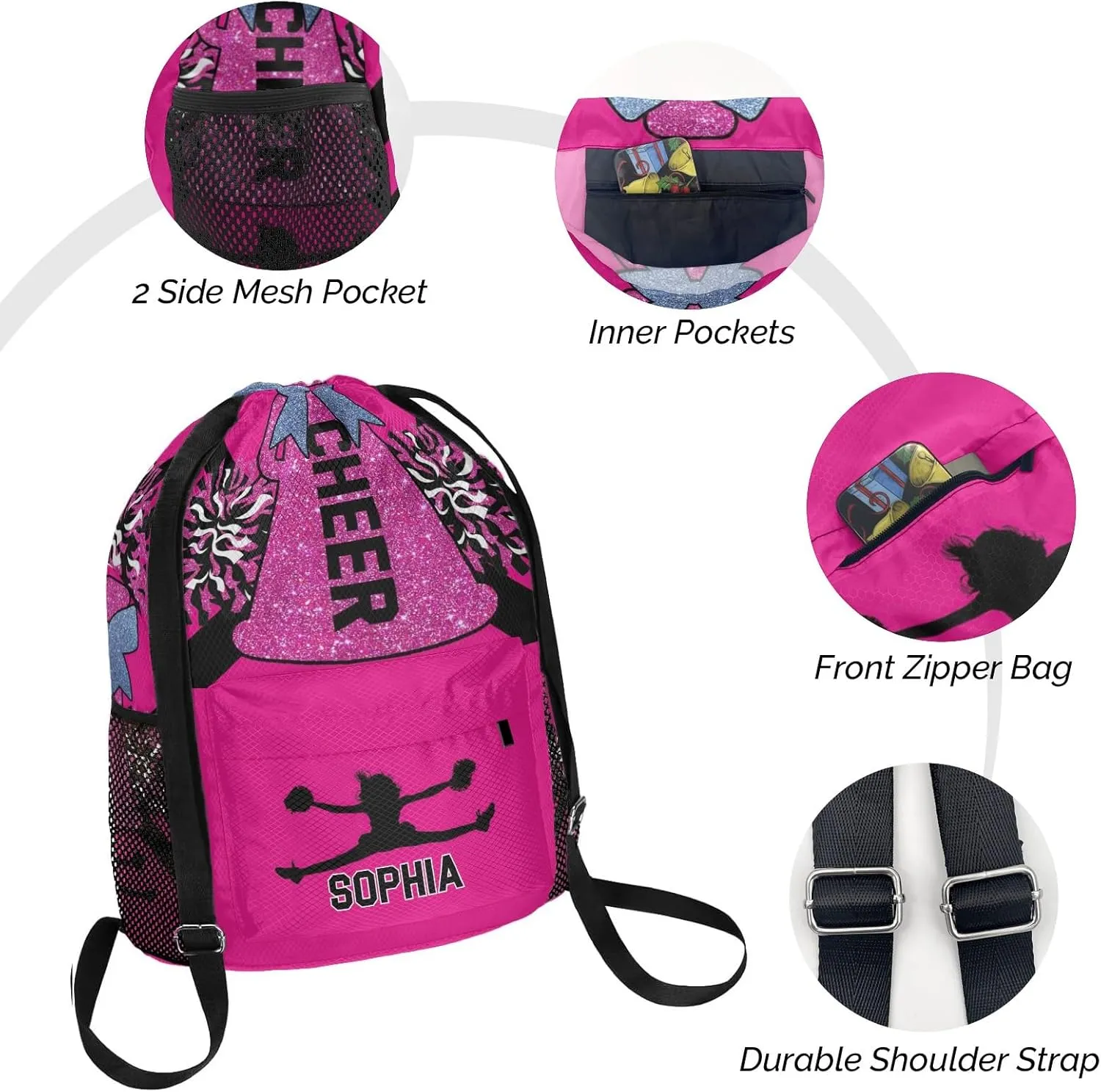 Personalized Drawstring Backpack Bags Cheer Pink Black Cheerleader Draw String Sport Gym Bag Draw String Back Sack Waterproof Swimming Festival Gift