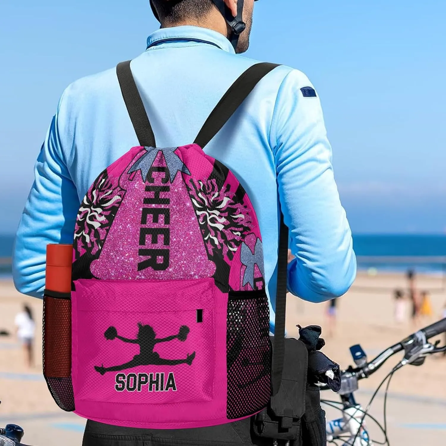 Personalized Drawstring Backpack Bags Cheer Pink Black Cheerleader Draw String Sport Gym Bag Draw String Back Sack Waterproof Swimming Festival Gift