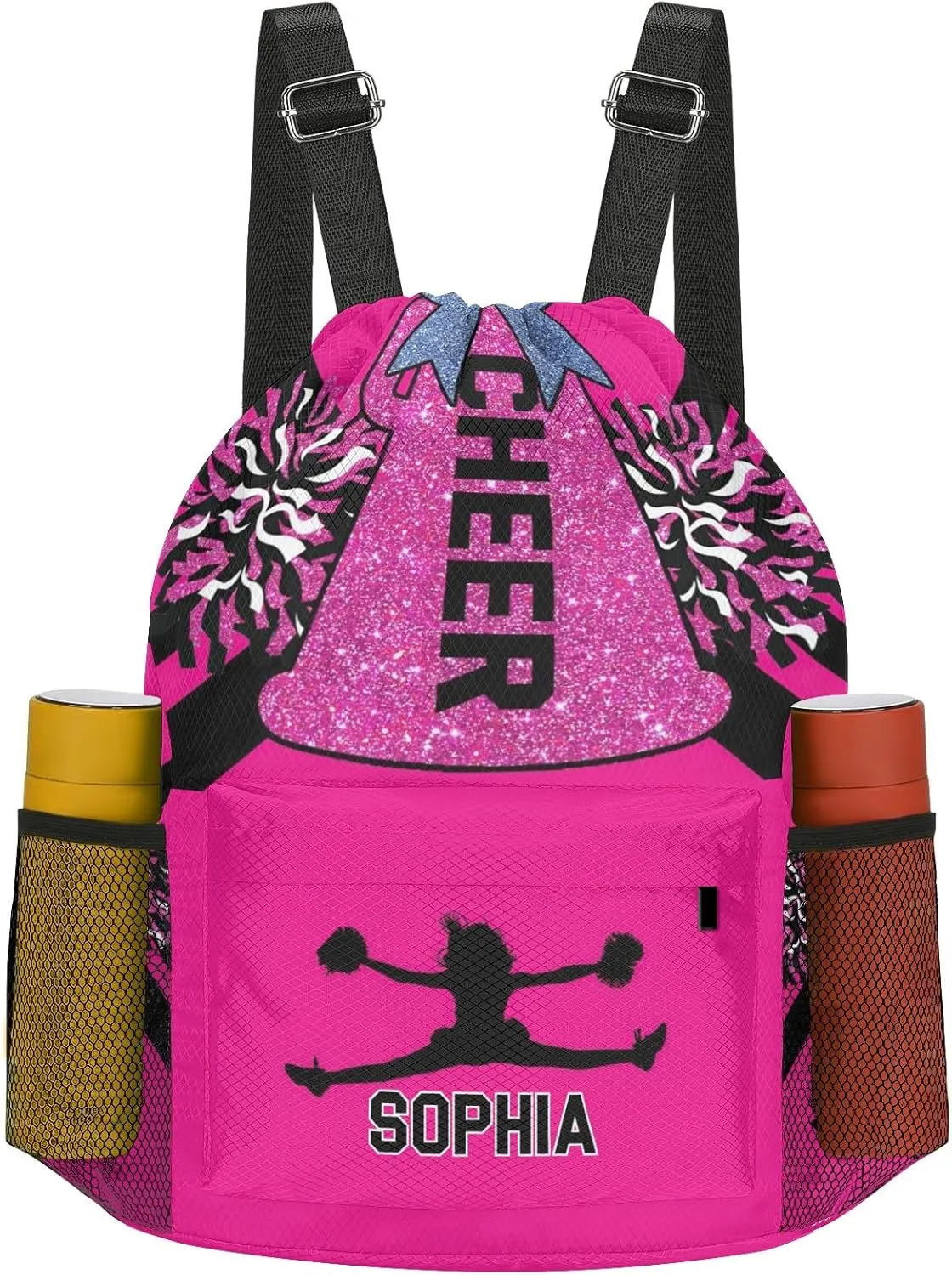 Personalized Drawstring Backpack Bags Cheer Pink Black Cheerleader Draw String Sport Gym Bag Draw String Back Sack Waterproof Swimming Festival Gift