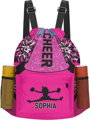 Personalized Drawstring Backpack Bags Cheer Pink Black Cheerleader Draw String Sport Gym Bag Draw String Back Sack Waterproof Swimming Festival Gift