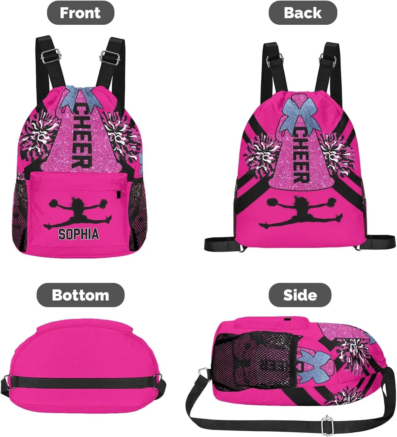 Personalized Drawstring Backpack Bags Cheer Pink Black Cheerleader Draw String Sport Gym Bag Draw String Back Sack Waterproof Swimming Festival Gift