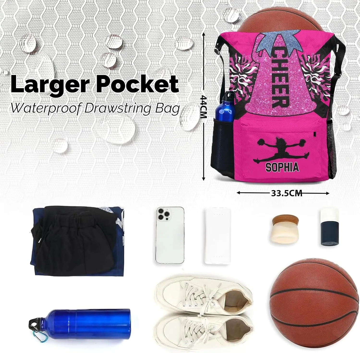 Personalized Drawstring Backpack Bags Cheer Pink Black Cheerleader Draw String Sport Gym Bag Draw String Back Sack Waterproof Swimming Festival Gift