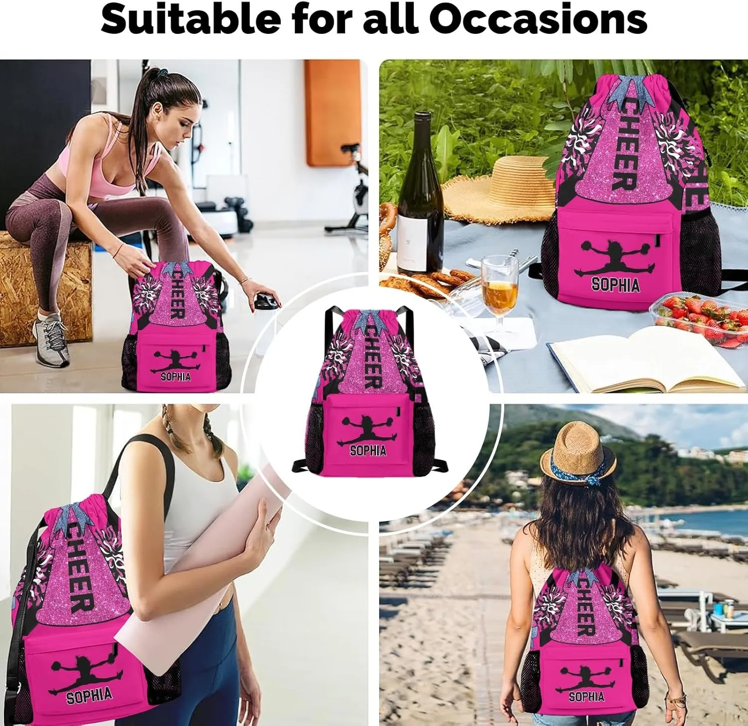 Personalized Drawstring Backpack Bags Cheer Pink Black Cheerleader Draw String Sport Gym Bag Draw String Back Sack Waterproof Swimming Festival Gift