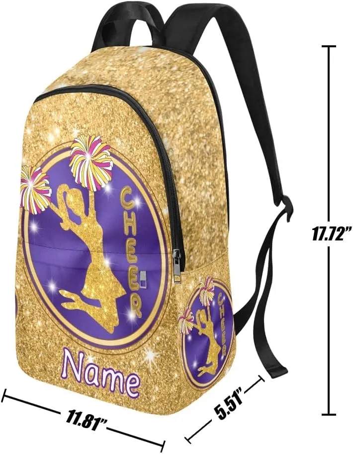 Personalized Girl Cheer Purple Gold Print Backpack with Name Custom Travel Daypack Bag for Man Woman Gifts