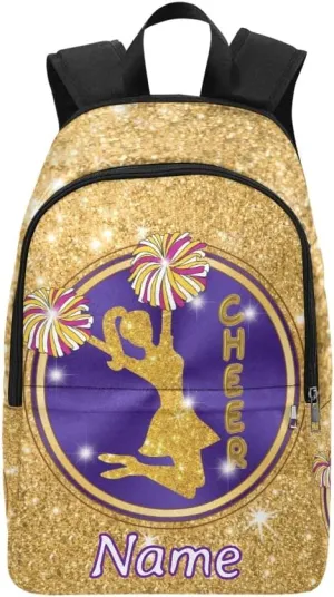 Personalized Girl Cheer Purple Gold Print Backpack with Name Custom Travel Daypack Bag for Man Woman Gifts