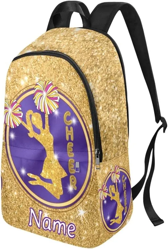 Personalized Girl Cheer Purple Gold Print Backpack with Name Custom Travel Daypack Bag for Man Woman Gifts