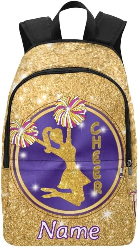 Personalized Girl Cheer Purple Gold Print Backpack with Name Custom Travel Daypack Bag for Man Woman Gifts