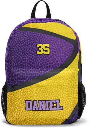 Personalized Purple Gold Yellow Basketball Backpack Multifunction Leisure Outdoor Bag Daypack with Name Custom Gifts for Boy Man