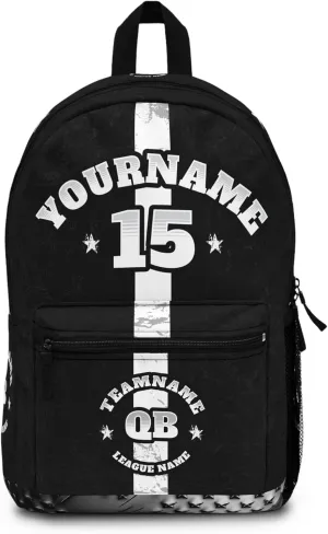 Personalized Sport Backpack Soccer, Basketball, Baseball, Football Team Gift: Name, #, Colors, Logo; Team Travel Bag (Black White Silver)