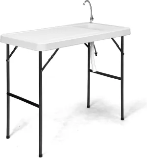 PETSITE Fish Cleaning Table, Portable Camping Sink with Faucet, Outdoor Picnic Foldable Washing Table, White