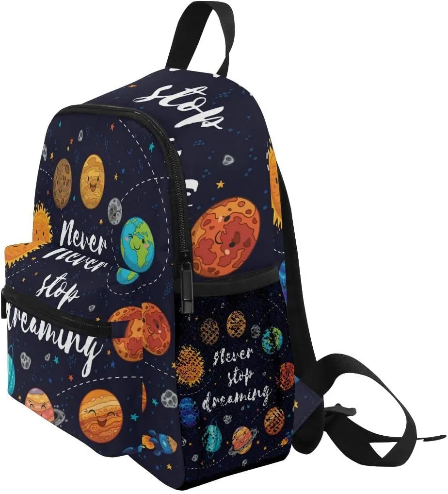Pfrewn Cute Solar System Space Toddler Backpacks for Kids Never Stop Dreaming Preschool Schoolbag Backpack for Boys Mini Kindergarten Nursery Bag with Chest Strap