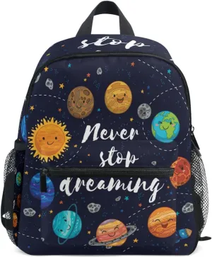 Pfrewn Cute Solar System Space Toddler Backpacks for Kids Never Stop Dreaming Preschool Schoolbag Backpack for Boys Mini Kindergarten Nursery Bag with Chest Strap