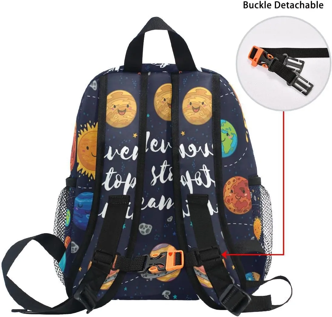 Pfrewn Cute Solar System Space Toddler Backpacks for Kids Never Stop Dreaming Preschool Schoolbag Backpack for Boys Mini Kindergarten Nursery Bag with Chest Strap