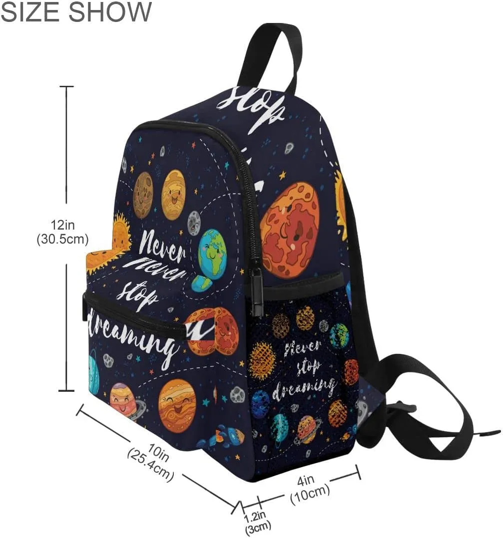 Pfrewn Cute Solar System Space Toddler Backpacks for Kids Never Stop Dreaming Preschool Schoolbag Backpack for Boys Mini Kindergarten Nursery Bag with Chest Strap