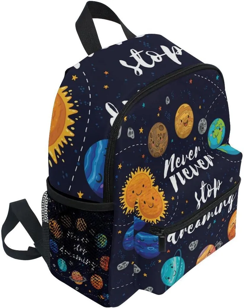 Pfrewn Cute Solar System Space Toddler Backpacks for Kids Never Stop Dreaming Preschool Schoolbag Backpack for Boys Mini Kindergarten Nursery Bag with Chest Strap