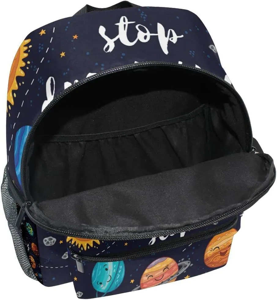 Pfrewn Cute Solar System Space Toddler Backpacks for Kids Never Stop Dreaming Preschool Schoolbag Backpack for Boys Mini Kindergarten Nursery Bag with Chest Strap