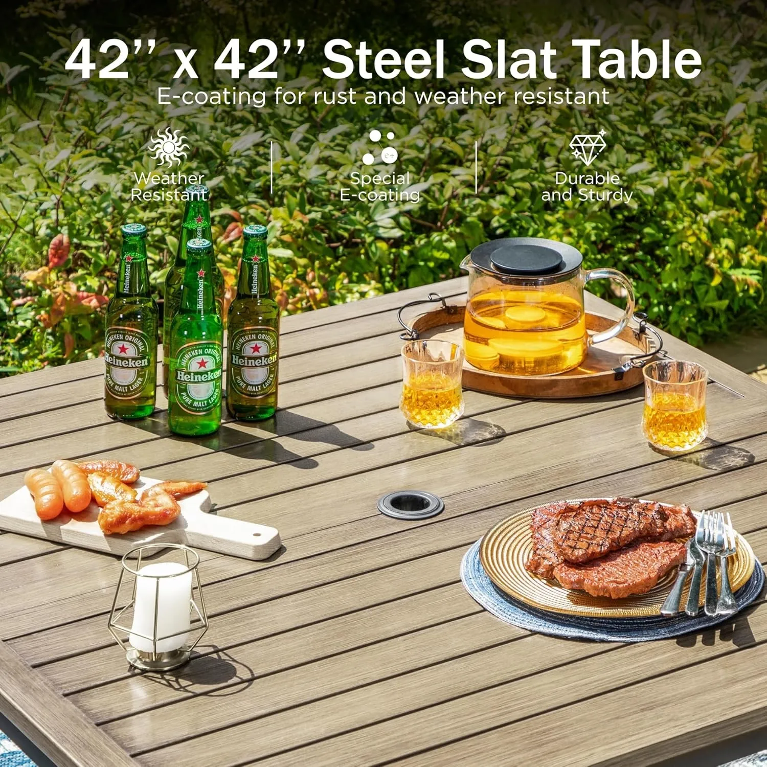 PHI VILLA Outdoor Patio Table, Square Metal Steel Slat Table with 1.57”- 1.9” Adjustable Umbrella Hole, Weather-Resistant Outdoor Dining Table for Garden Deck, 42" x 42" x 28.7", Brown