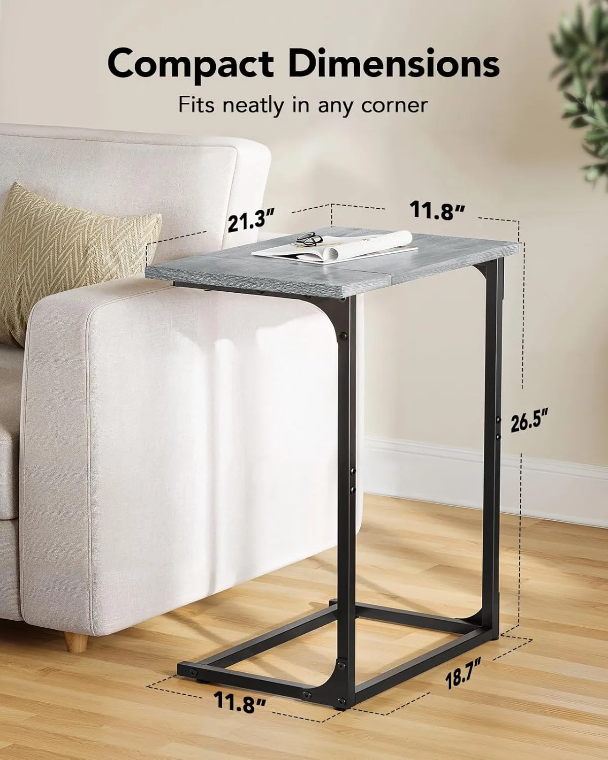 Pipishell C-Shaped Side Table, C-Table for Sofa, Couch Table with Metal Frame, Large Surface Sofa Table for Living Room, Bedroom, and Home Office, Rustic Design, PIET11G
