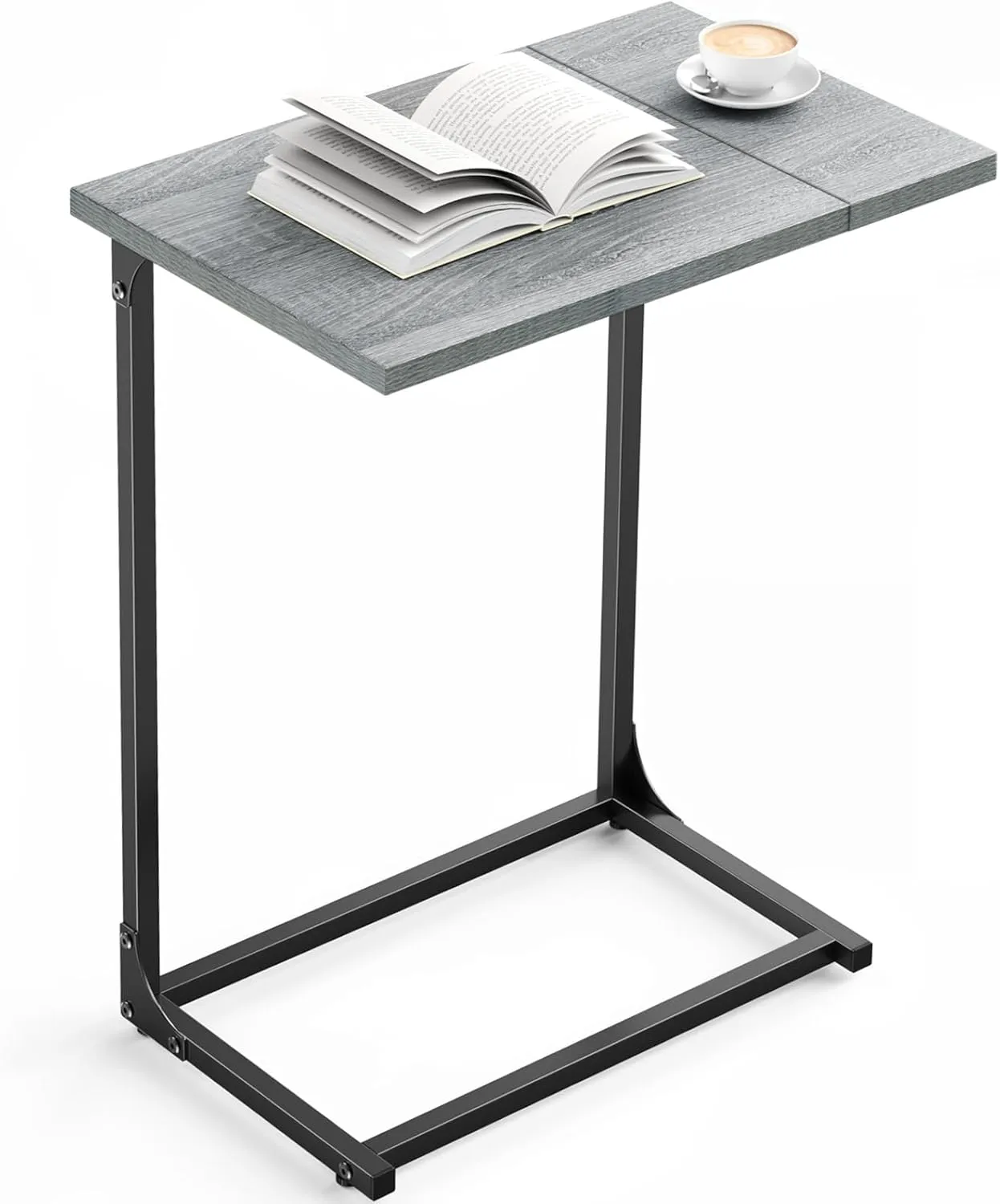 Pipishell C-Shaped Side Table, C-Table for Sofa, Couch Table with Metal Frame, Large Surface Sofa Table for Living Room, Bedroom, and Home Office, Rustic Design, PIET11G