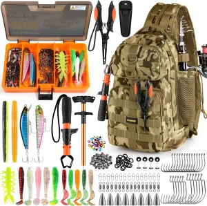 PLUSINNO Khaki Fishing Backpack with Tackle Boxes, Waterproof Sling Tackle Bag For Fishing Gear With Rod Holder, Gifts for Men With lures, pliers, Fish Lip Gripper.