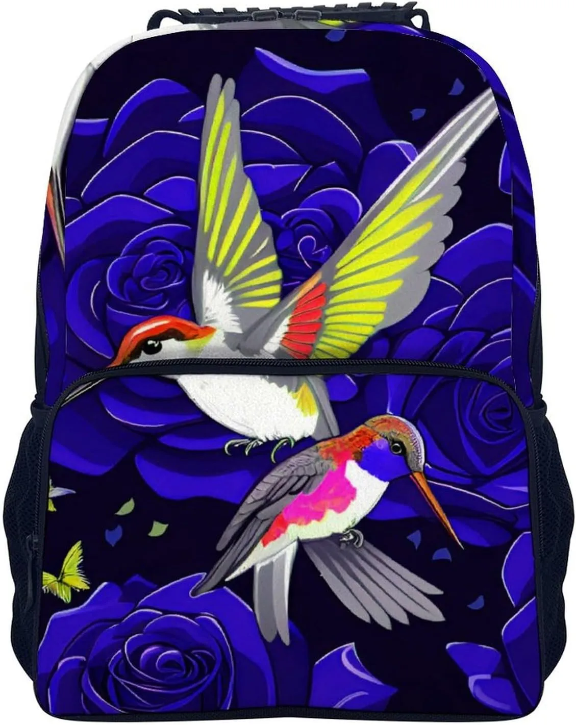 Polyester Daypack Backpack for Trekking Picnic Walking Cycling - Large Capacity Anti-Theft Multipurpose Shoulder Bag, Rose Flowers Hummingbird Chic Animal Bird Art Casual Daypack