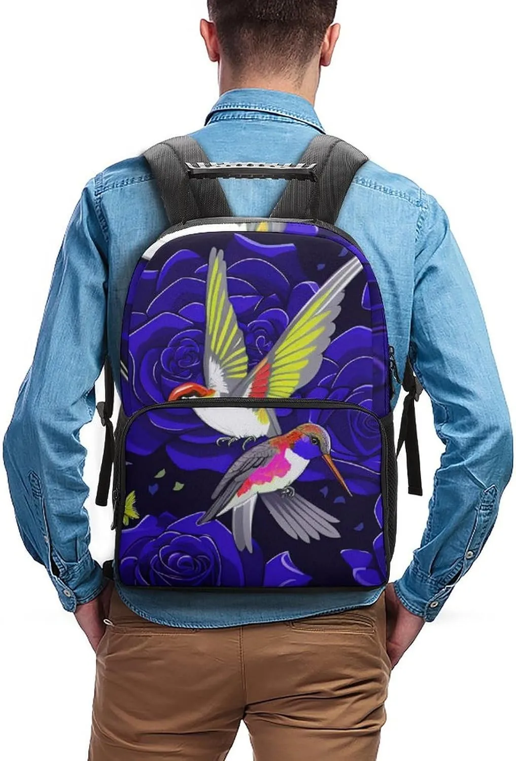 Polyester Daypack Backpack for Trekking Picnic Walking Cycling - Large Capacity Anti-Theft Multipurpose Shoulder Bag, Rose Flowers Hummingbird Chic Animal Bird Art Casual Daypack