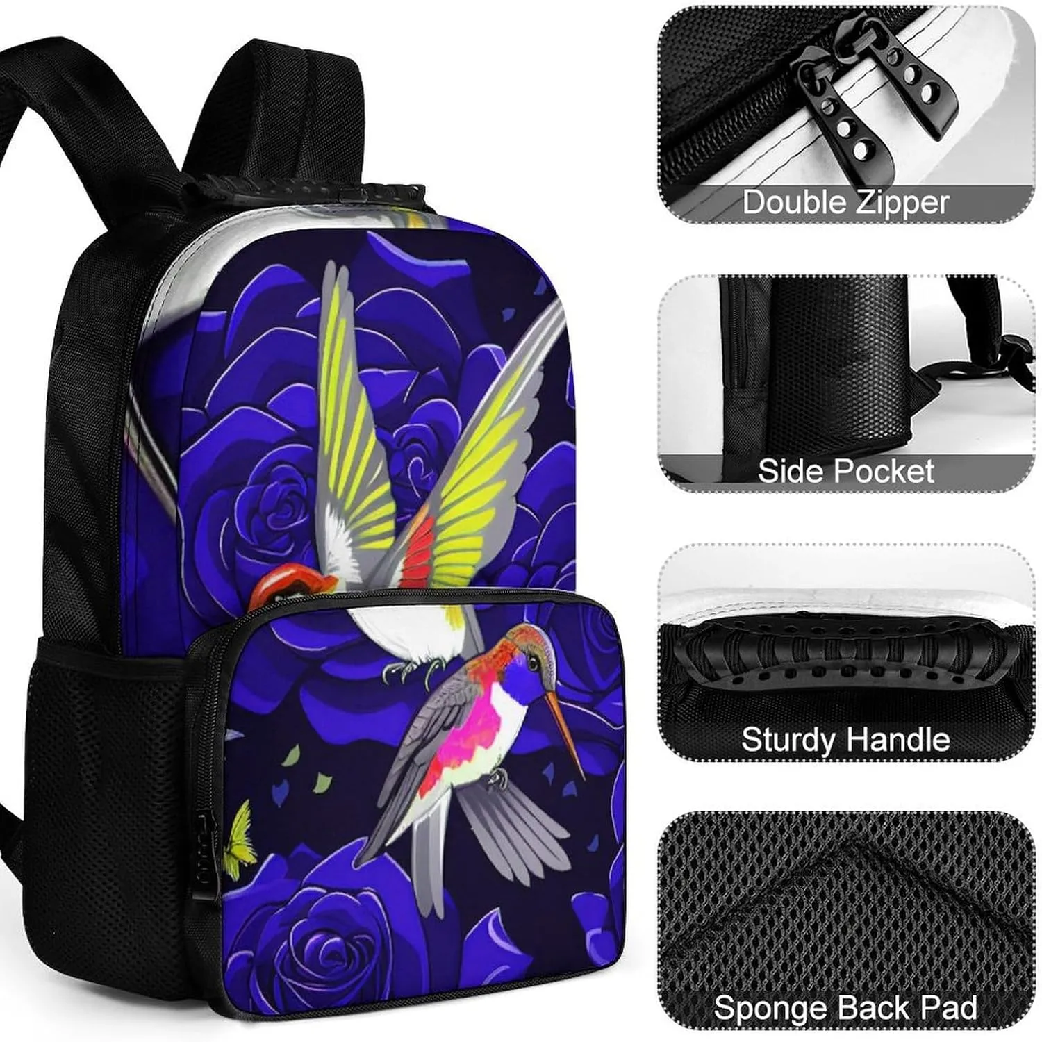 Polyester Daypack Backpack for Trekking Picnic Walking Cycling - Large Capacity Anti-Theft Multipurpose Shoulder Bag, Rose Flowers Hummingbird Chic Animal Bird Art Casual Daypack