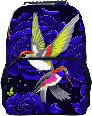 Polyester Daypack Backpack for Trekking Picnic Walking Cycling - Large Capacity Anti-Theft Multipurpose Shoulder Bag, Rose Flowers Hummingbird Chic Animal Bird Art Casual Daypack
