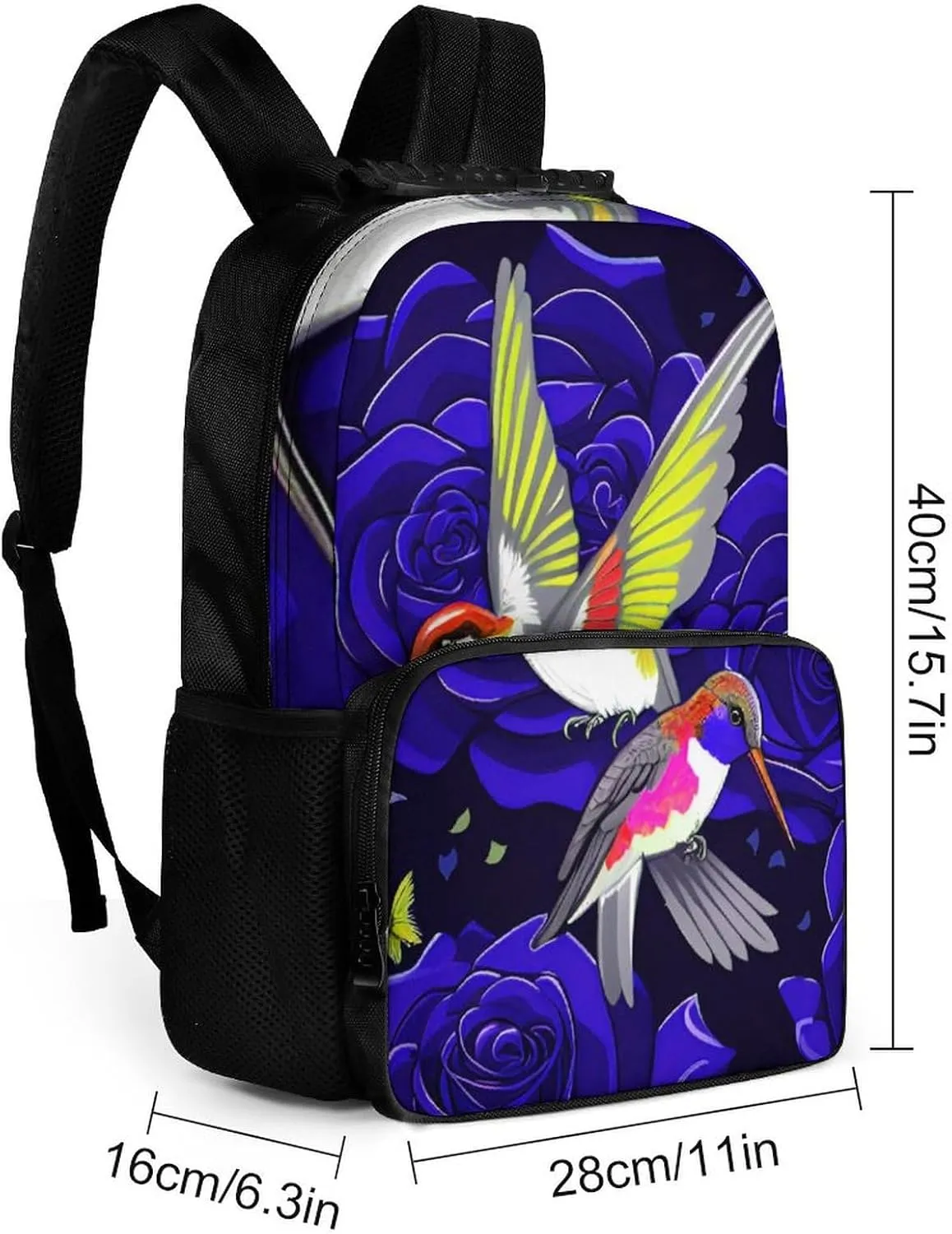 Polyester Daypack Backpack for Trekking Picnic Walking Cycling - Large Capacity Anti-Theft Multipurpose Shoulder Bag, Rose Flowers Hummingbird Chic Animal Bird Art Casual Daypack