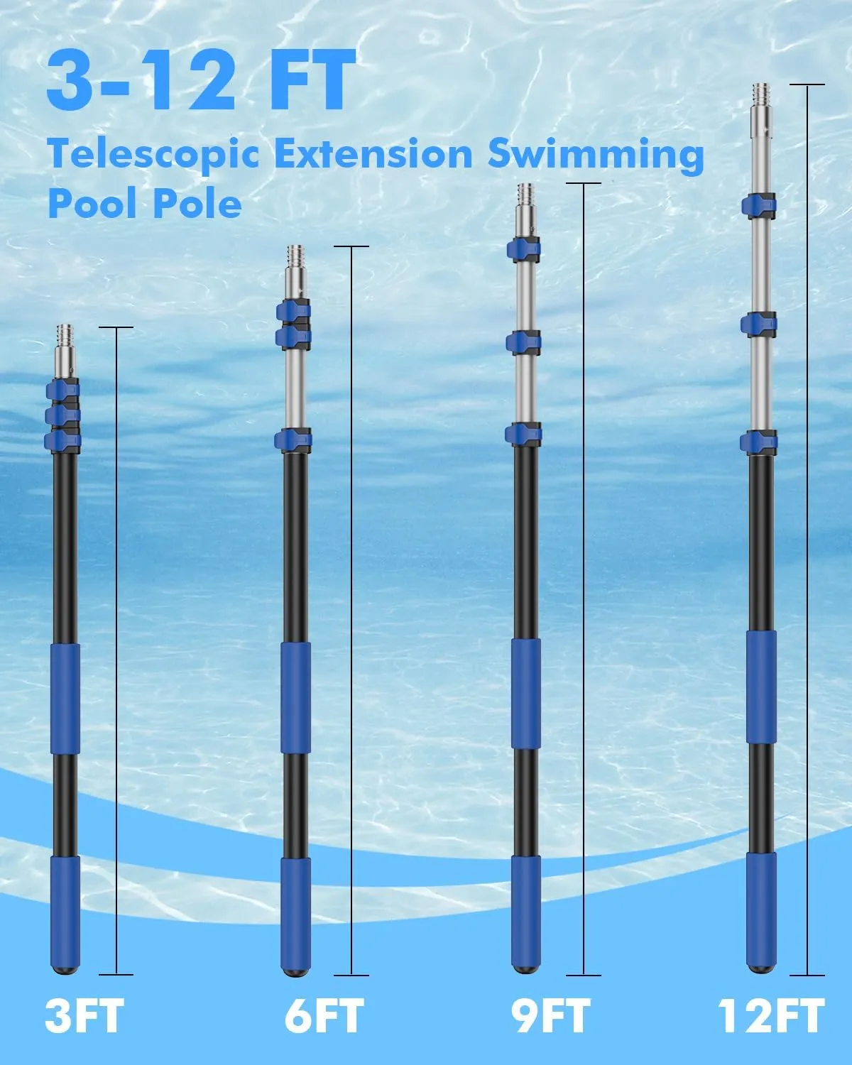 Pool Pole Telescopic 12FT Heavy Duty Aluminum, 12 Ft Extension/Extendable Telescoping Tool for Above Ground/Inground Swim Cleaning Supplies Accessory, Skimmer/Brush/Net/Vacuum Head/Leaf Rake/Mesh etc.