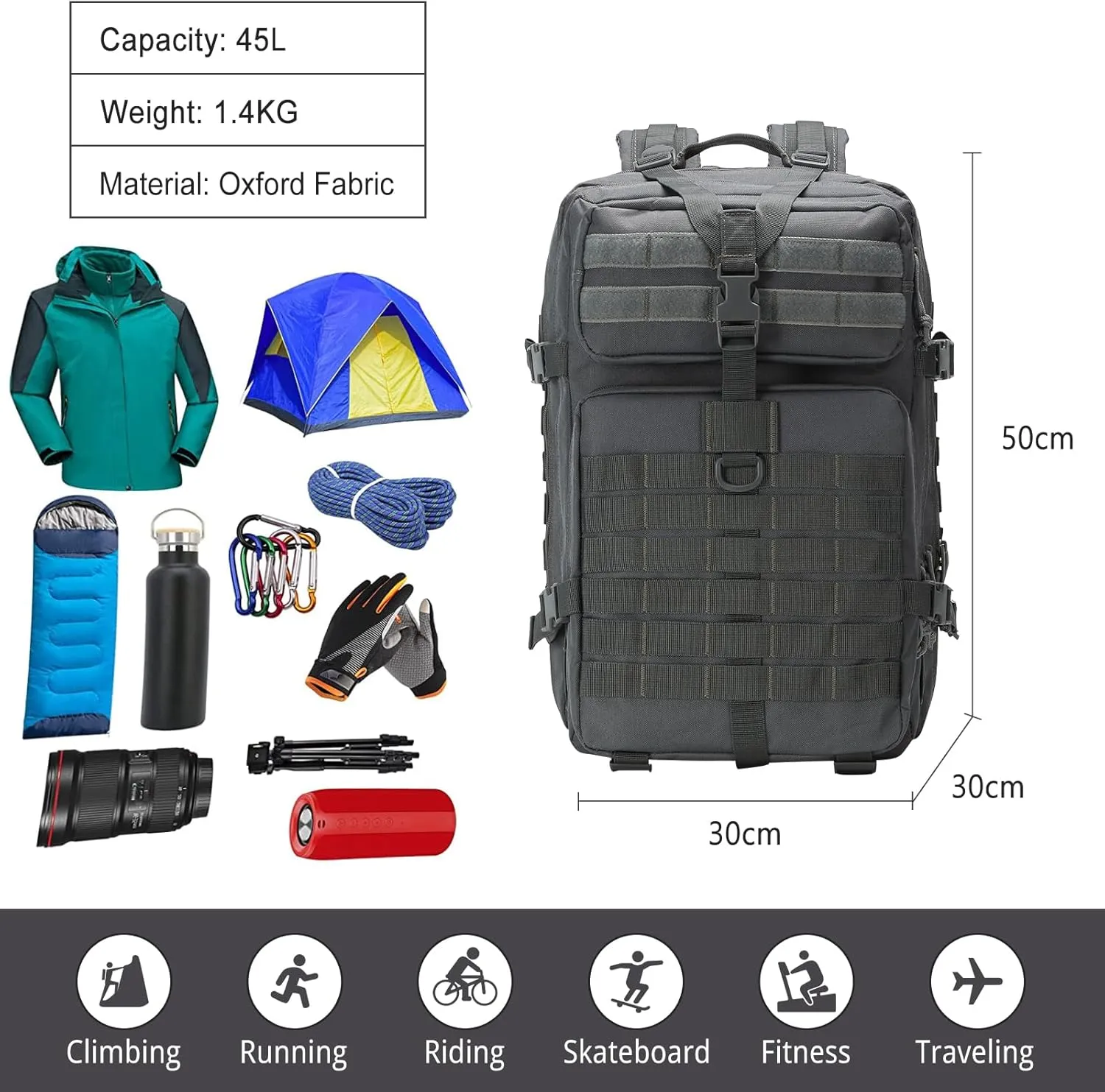 PORRASSO 45L Military Tactical Backpacks Trekking Rucksack Waterproof Outdoor Daypack 3 Day Bug Out Bag Durable Backpack for Survival Traveling Mountaining Grey