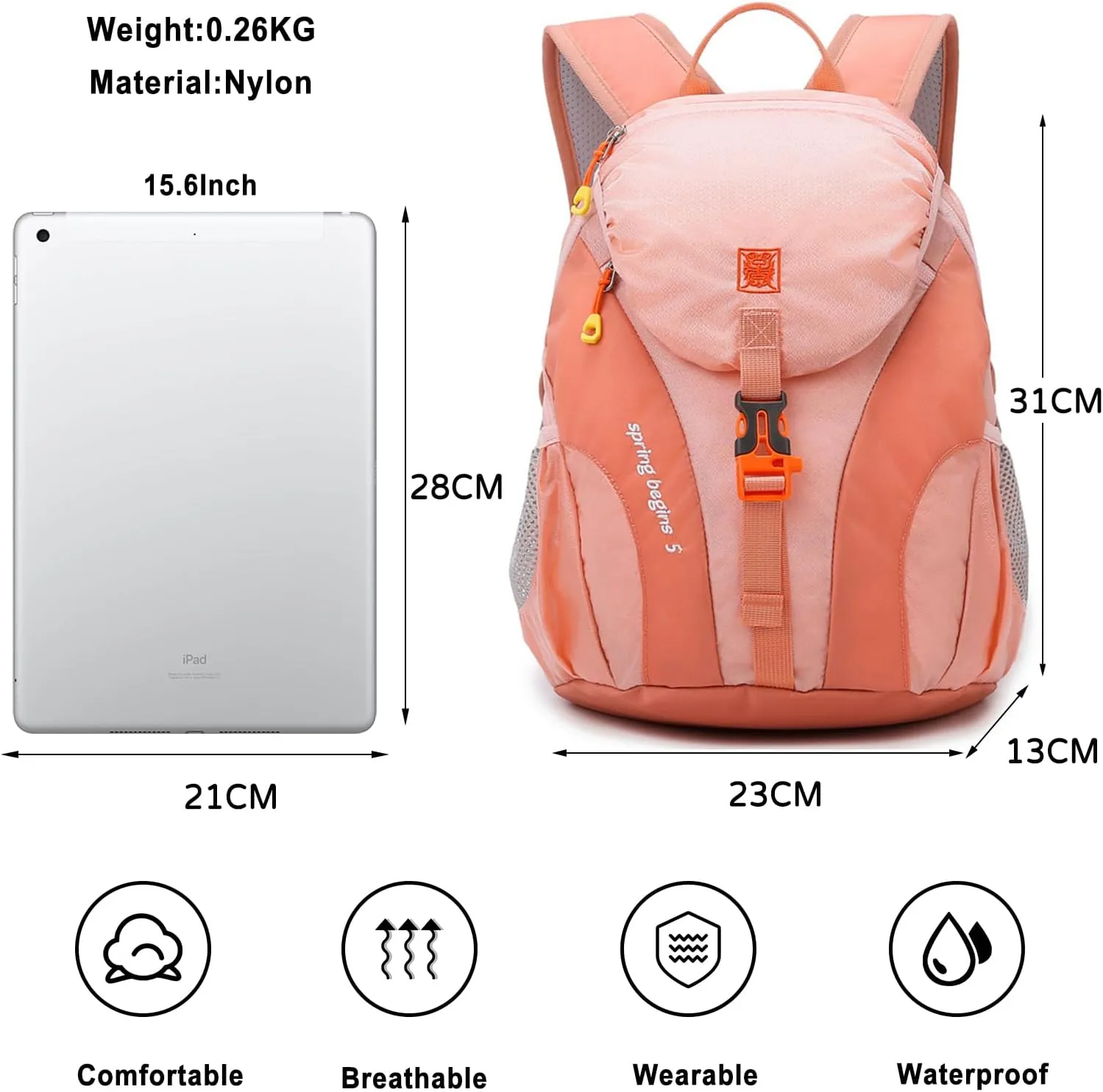 PORRASSO Hiking Backpack 5L Daypack Rucksack Lightweight Waterproof Women Men Backpack for Camping Daily Use Light Orange