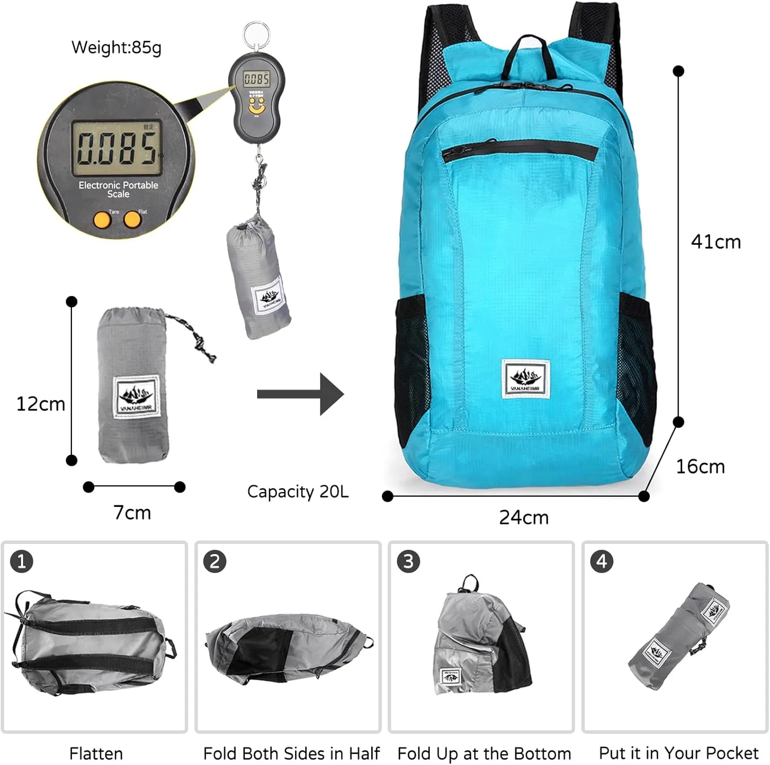 PORRASSO Hiking Backpack Foldable Waterproof Daypack 20L Lightweight Rucksack Backpack for Women Men Camping Trekking Cycling Climbing Outdoor Sports Blue A