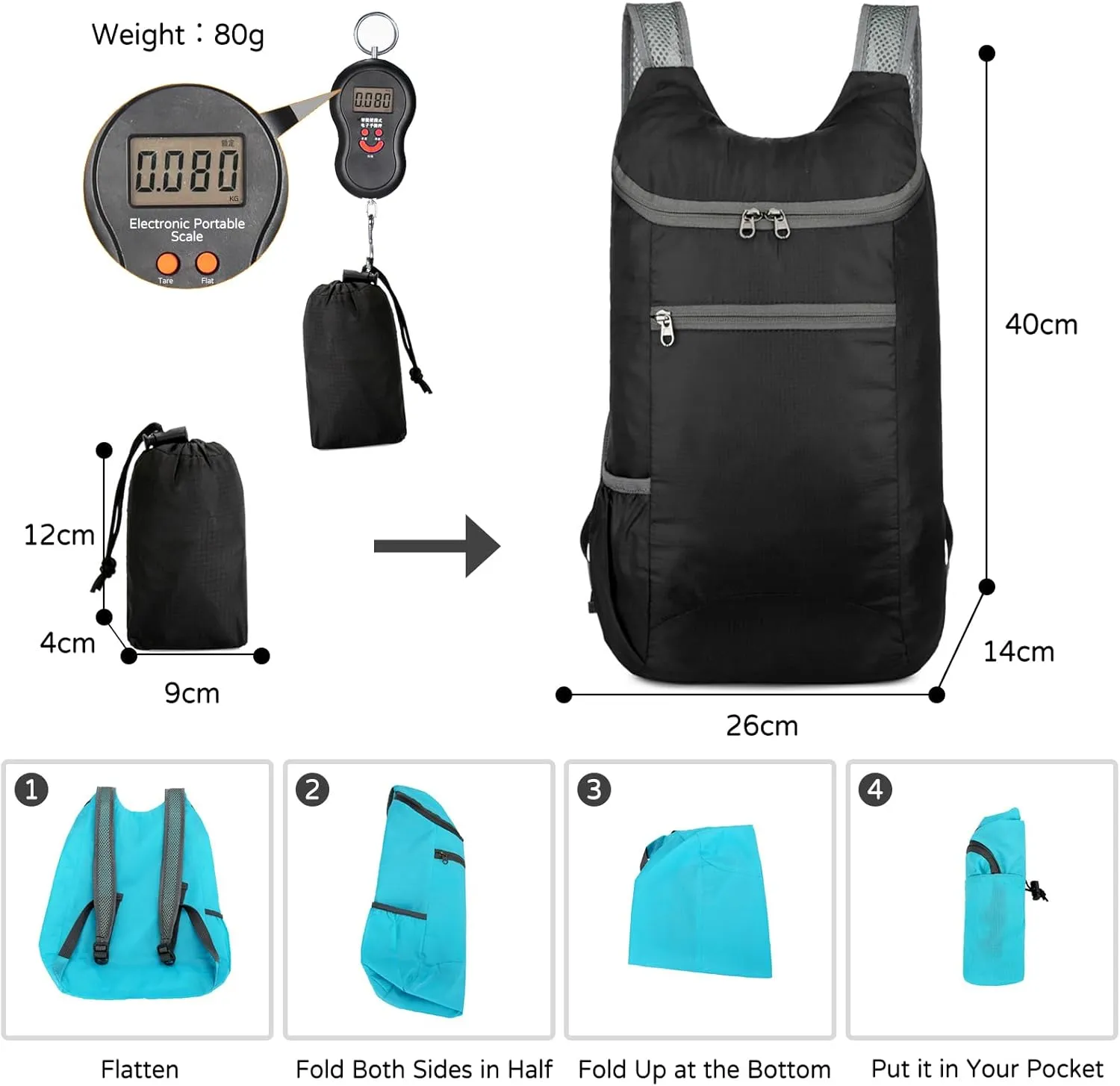 PORRASSO Hiking Backpack Lightweight Waterproof Daypack Foldable Rucksack Backpack for Women Men Camping Trekking Cycling Climbing Outdoor Sports Black Gray