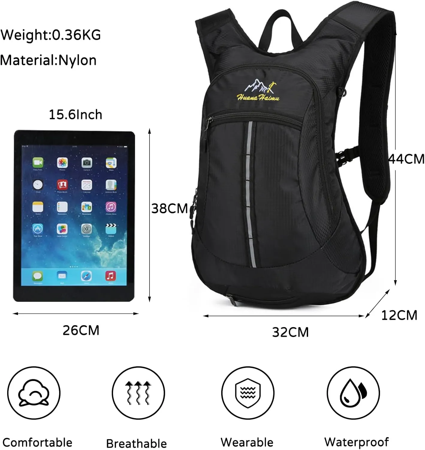 PORRASSO Hiking Backpack Waterproof Daypack 18L Rucksack Lightweight Backpack for Women Men Camping Trekking Cycling Climbing Outdoor Sports Black