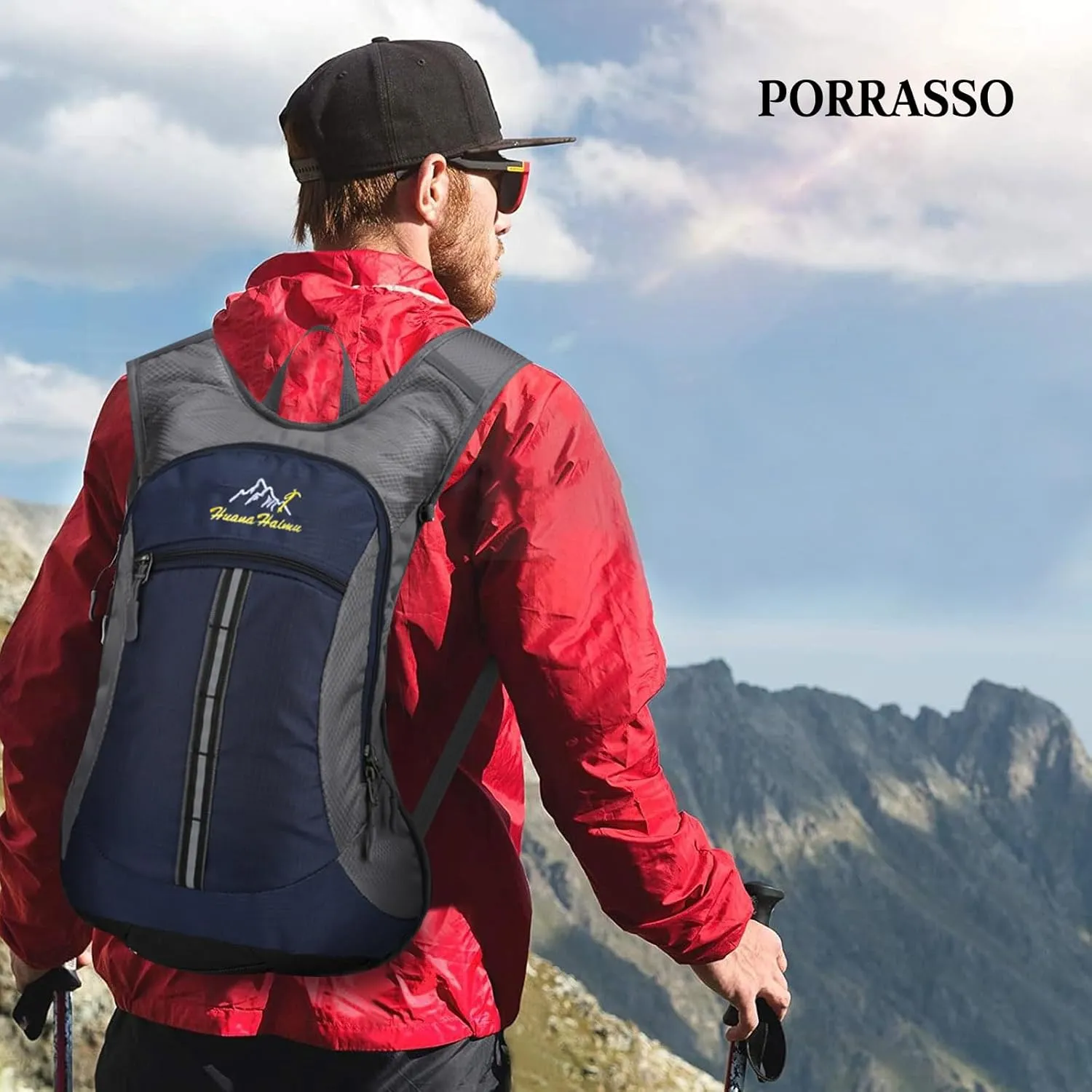 PORRASSO Hiking Backpack Waterproof Daypack 18L Rucksack Lightweight Backpack for Women Men Camping Trekking Cycling Climbing Outdoor Sports Navy Blue