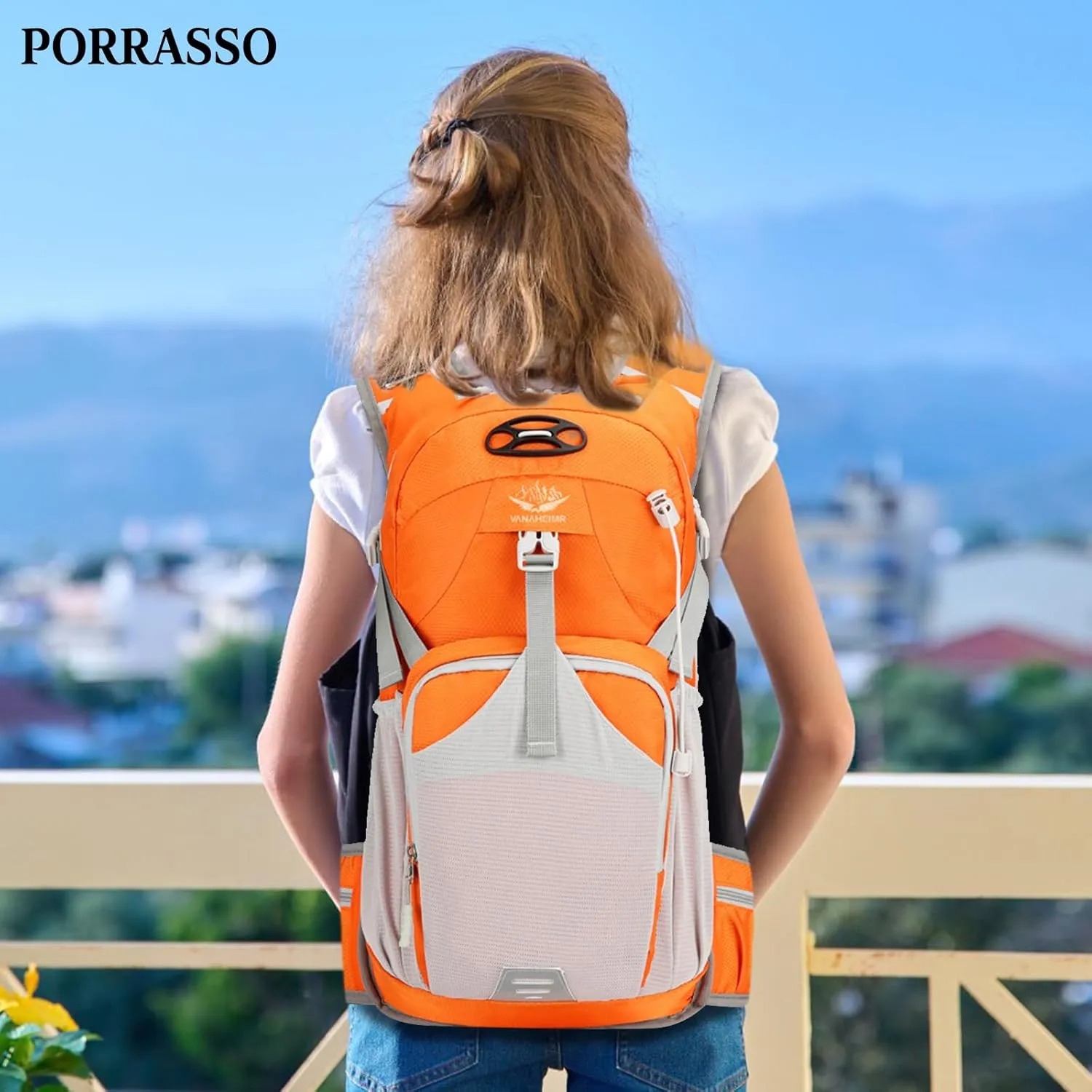 PORRASSO Hiking Backpack Waterproof Daypack 18L Rucksack Lightweight Backpack for Women Men Trekking Cycling Climbing Outdoor Sports Orange