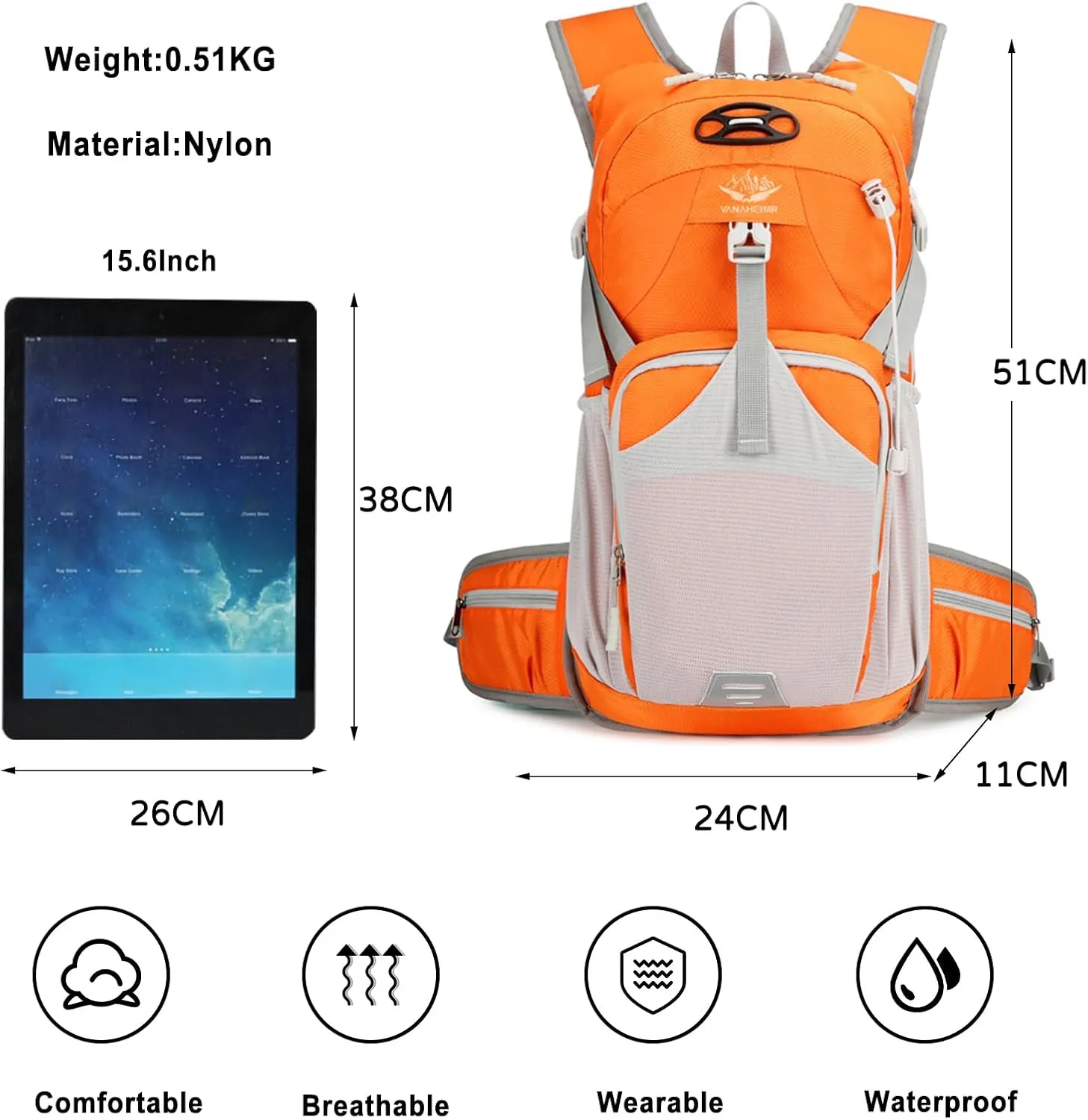PORRASSO Hiking Backpack Waterproof Daypack 18L Rucksack Lightweight Backpack for Women Men Trekking Cycling Climbing Outdoor Sports Orange