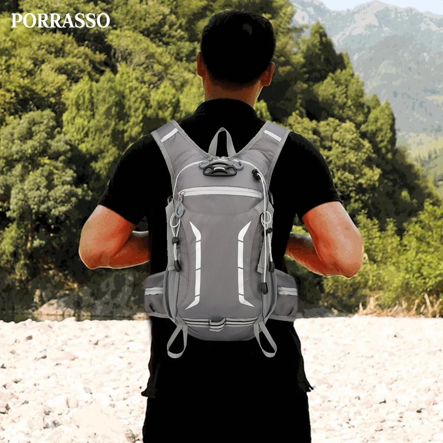 PORRASSO Hiking Backpack Waterproof Daypack 18L Rucksack Lightweight Breathable Backpack for Women Men Trekking Cycling Climbing Outdoor Sports Grey