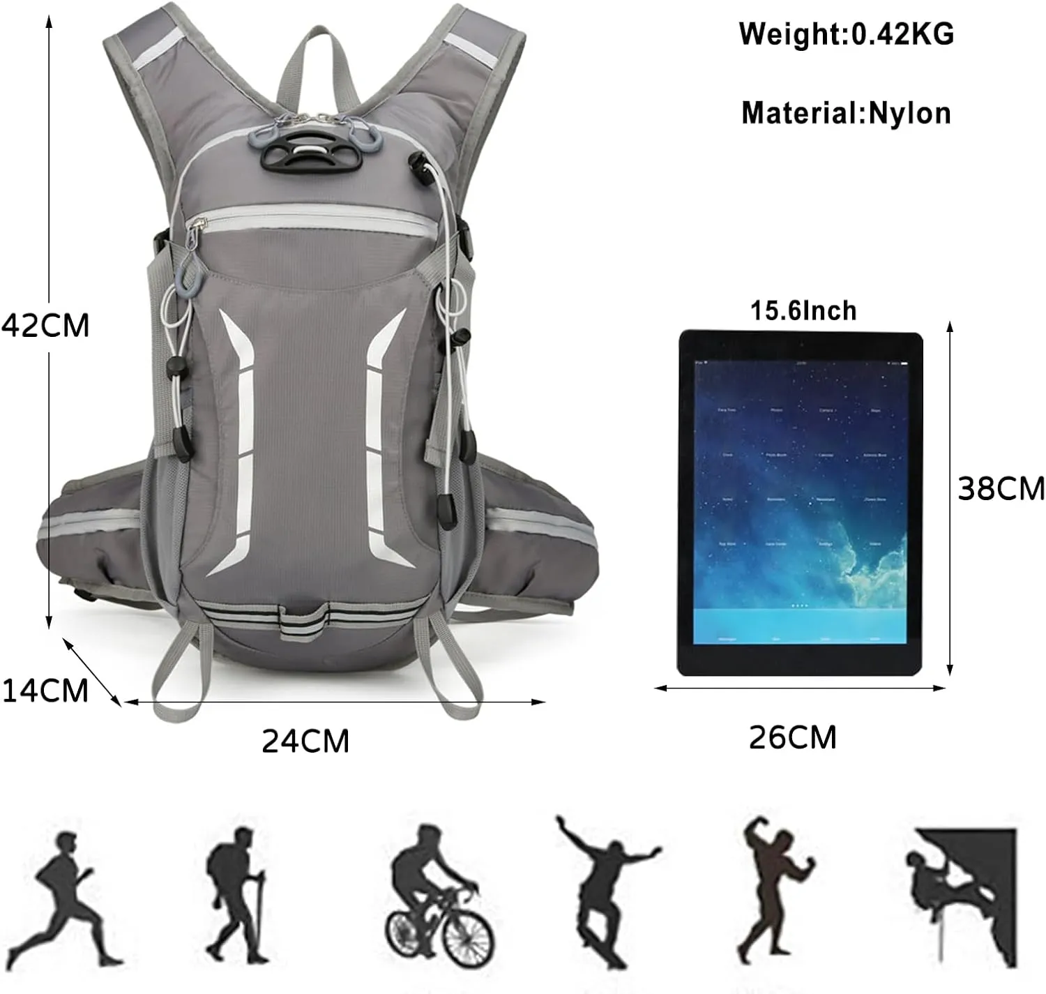 PORRASSO Hiking Backpack Waterproof Daypack 18L Rucksack Lightweight Breathable Backpack for Women Men Trekking Cycling Climbing Outdoor Sports Grey