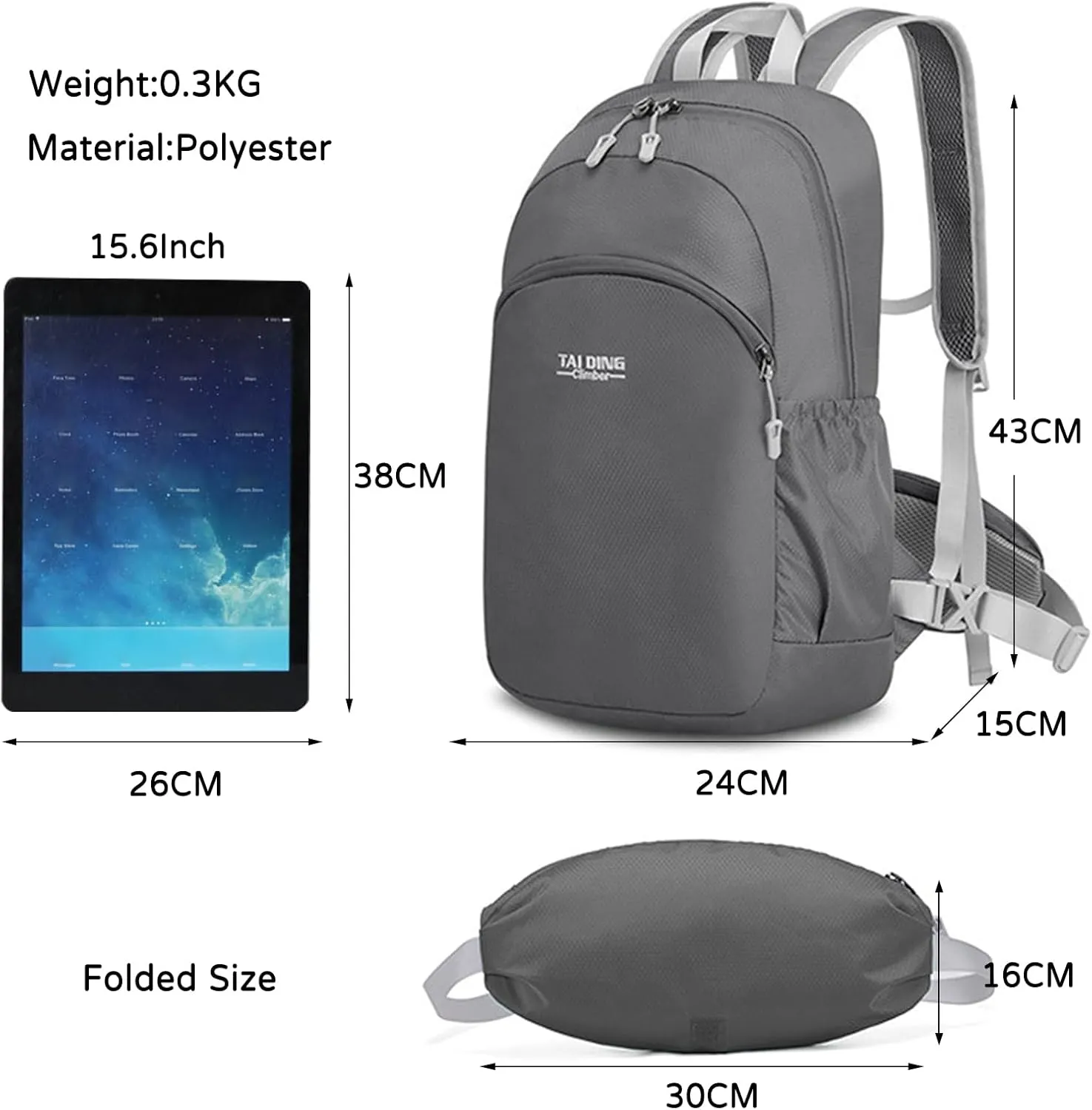 PORRASSO Hiking Backpack Waterproof Daypack Lightweight Foldable Rucksack 19L Backpack for Women Men Camping Trekking Cycling Climbing Outdoor Sports Gray