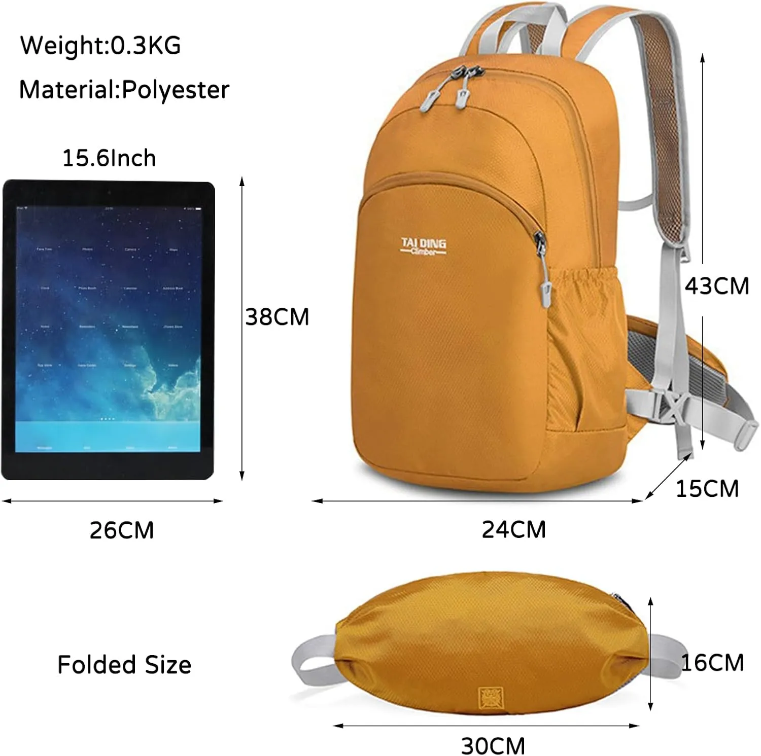 PORRASSO Hiking Backpack Waterproof Daypack Lightweight Foldable Rucksack 19L Backpack for Women Men Camping Trekking Cycling Climbing Outdoor Sports Yellow