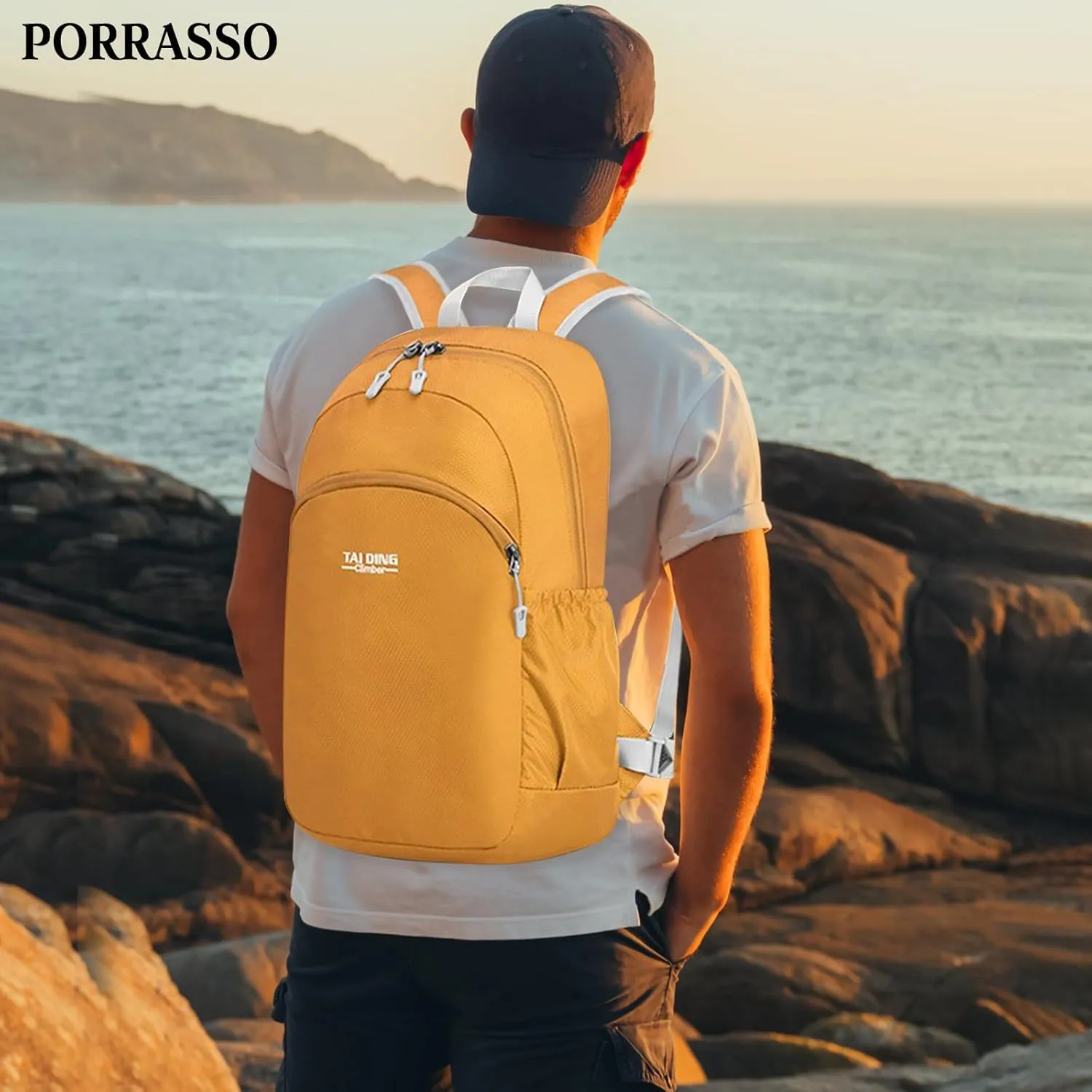 PORRASSO Hiking Backpack Waterproof Daypack Lightweight Foldable Rucksack 19L Backpack for Women Men Camping Trekking Cycling Climbing Outdoor Sports Yellow