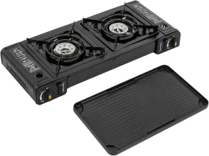 Portable 2-Burner Butane Camping Stove with Grill Tray, 7.7kW Gas Stove with Piezo Ignition and Safety Lock, Compact Outdoor Cooking Stove for RV, Apartments, Outdoor (Includes Storage Case)