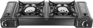 Portable 2-Burner Camping Stove, 5.51-inch Burners, Butane Gas, Automatic Ignition, with Grill Tray