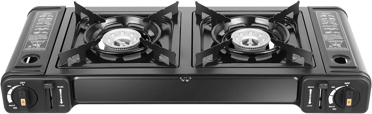 Portable 2-Burner Camping Stove, 5.51-inch Burners, Butane Gas, Automatic Ignition, with Grill Tray